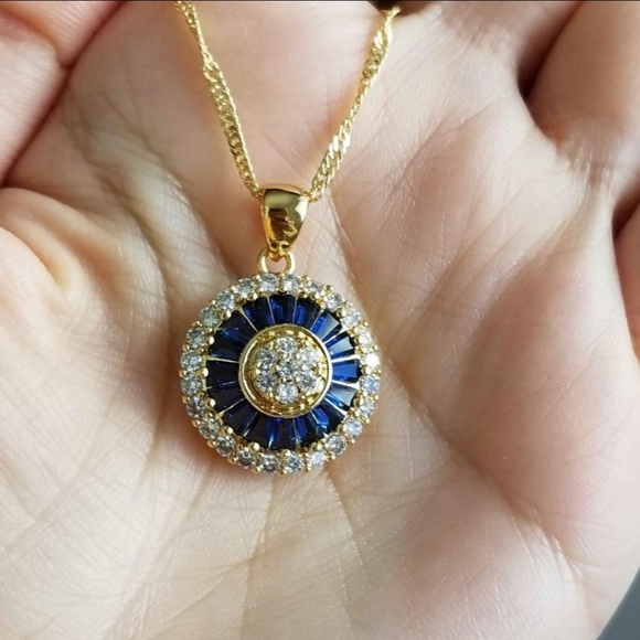 Jewelry - New 18K Gold Plated Baguette Blue Sapphire Diamond Necklace Circle Pendant Chain
